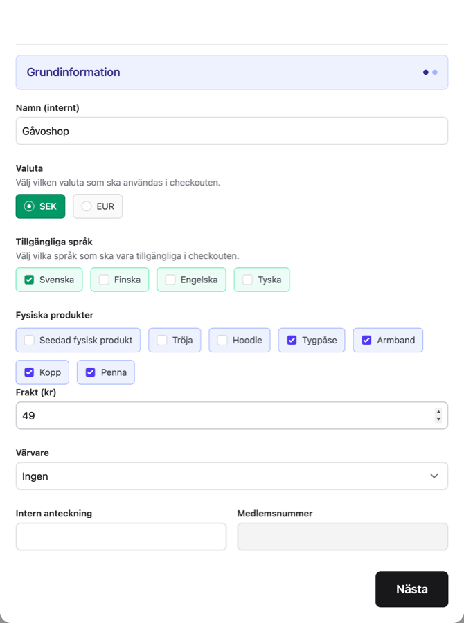 Grundinformation för en ny gåvoshop-checkout