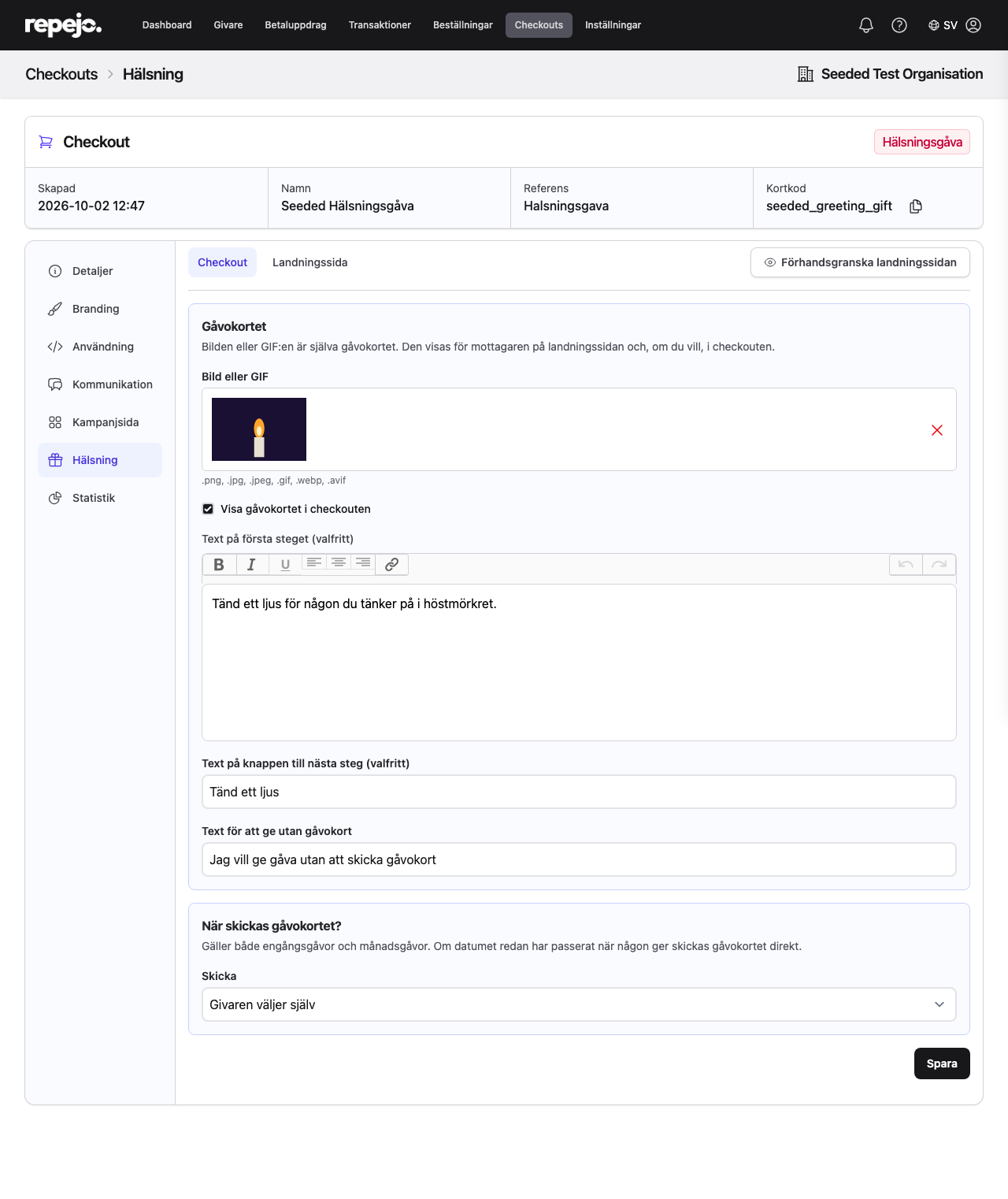 Fliken Hälsning, undertabben Checkout