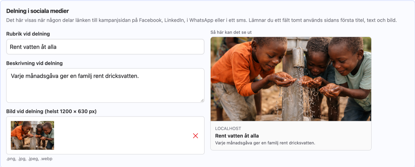 Inställningar för hur länken ser ut när sidan delas